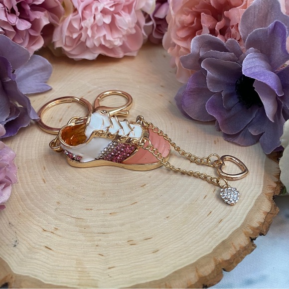Pink and White Baby Tennis Shoe Crystal Keychain Charm - Picture 7 of 10
